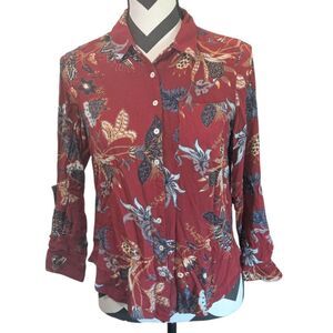Intro. Petite PM Floral Print Roll-Tab Button-Up Blouse Red Rayon